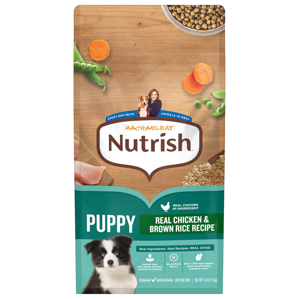 Nutrish Puppy, poulet réel et riz brun dans bol appétissant.