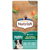 Nutrish Puppy, poulet réel et riz brun dans bol appétissant.