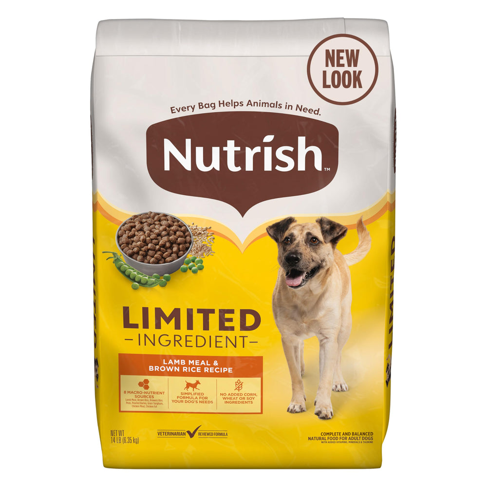 Nutrish sac agneau et riz brun, emballage pratique et nutrition équilibrée.