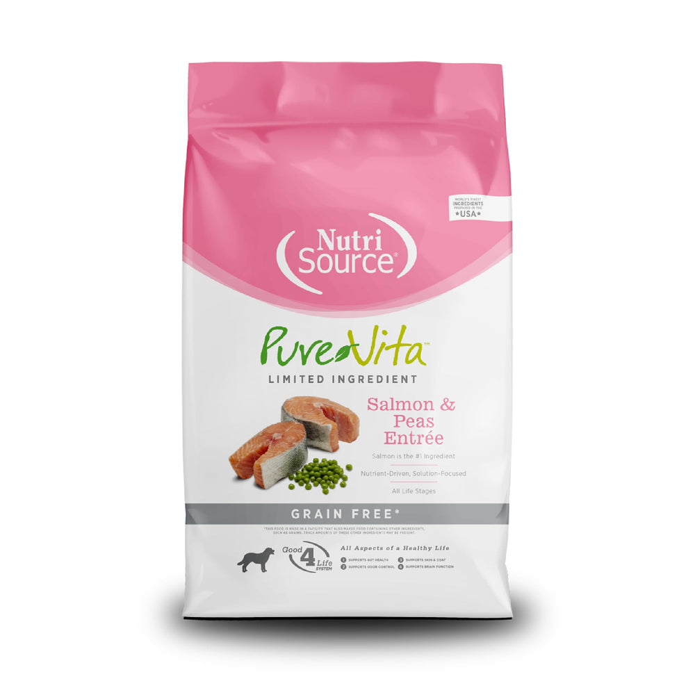 NutriSource Pure Vita saumon et pois, sac 12 lb sans céréales, idéal pour chiens sensibles.