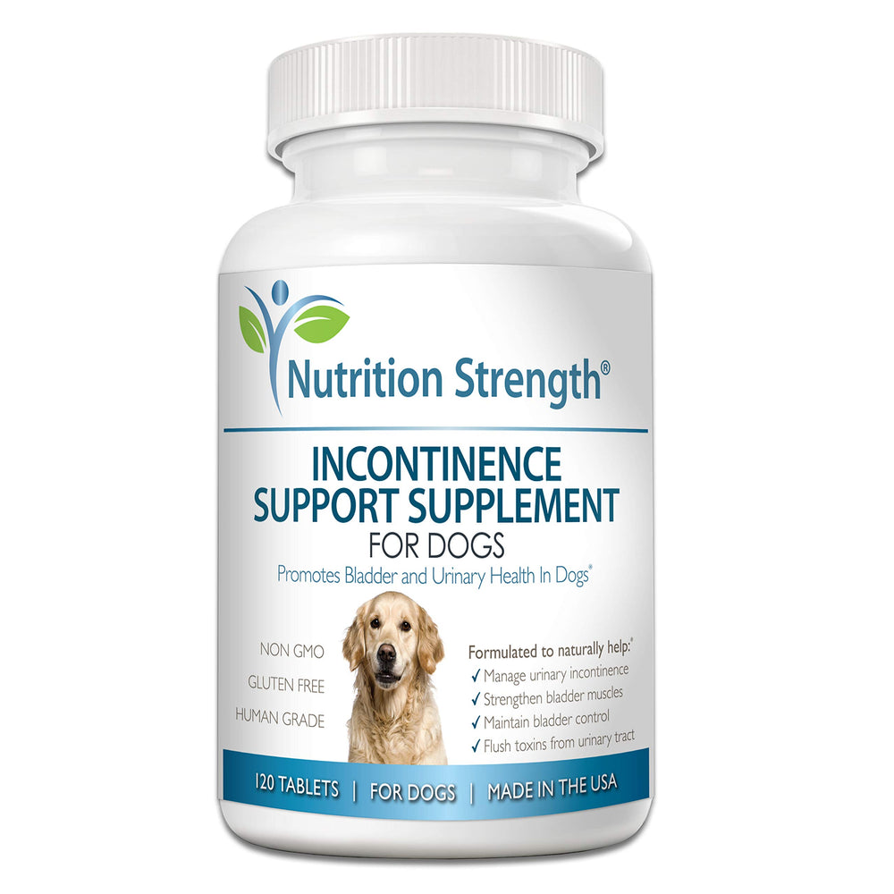 Flacon Nutrition Strength avec étiquette, soutien potentiel du contrôle urinaire chez le chien.