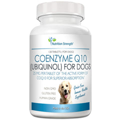 Nutrition Strength CoQ10 pour chiens — bouteille de gélules, soutien énergétique potentiel.
