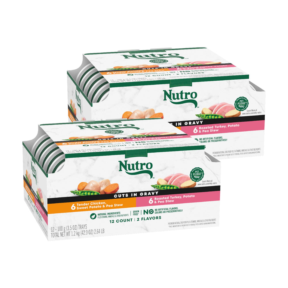 Nutro Natural Choice Barquette poulet patate douce pois – étiquette visible, repas équilibré
