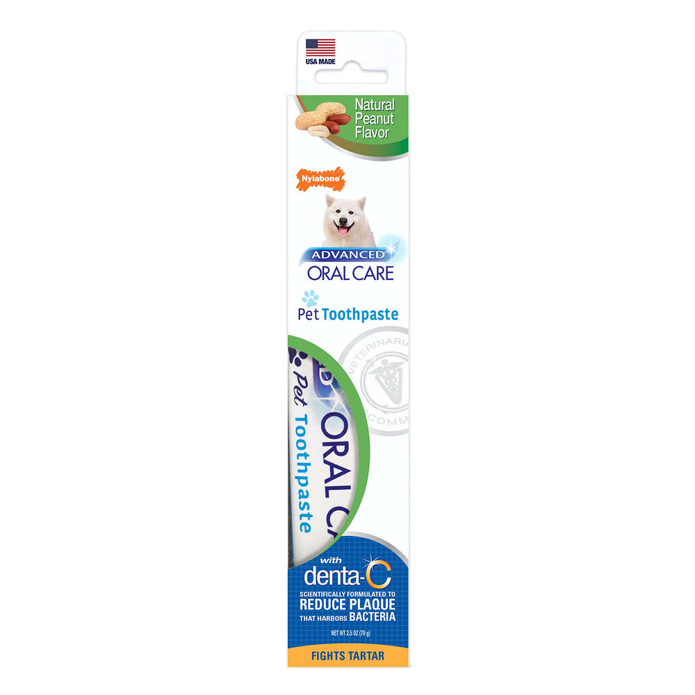 Dentifrice Nylabone pour soins buccaux dans l'emballage, prêt à l'emploi.