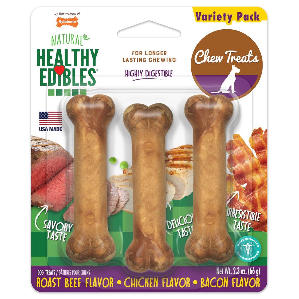 Nylabone Healthy Edibles emballage clair et friandises naturelles sans additifs.