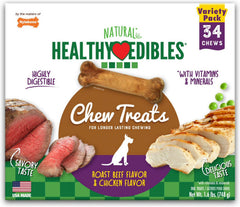 Nylabone Healthy Edibles emballage en gros plan, friandises saines pour chiens.