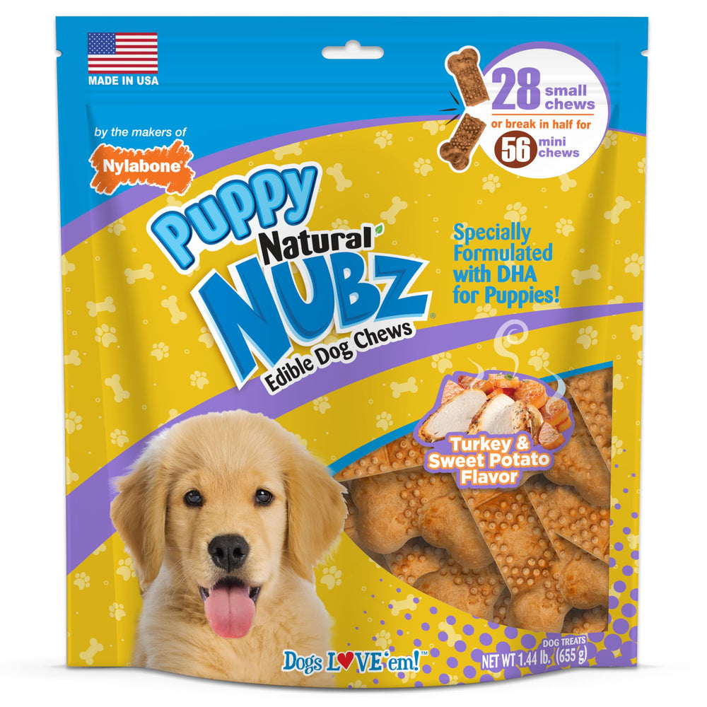 Nylabone Nubz emballage, récompense durable pour chiots en formation.
