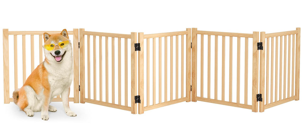 Barriere pour chien Oapety en bois naturel, prête à l'installation sans outils.