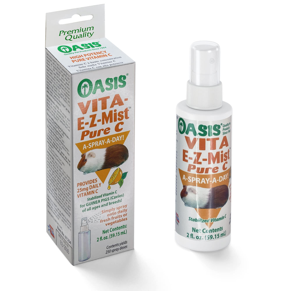 Spray Oasis Pure C Vita E-Z Mist sur nourriture, pour faciliter l'administration au cobaye.