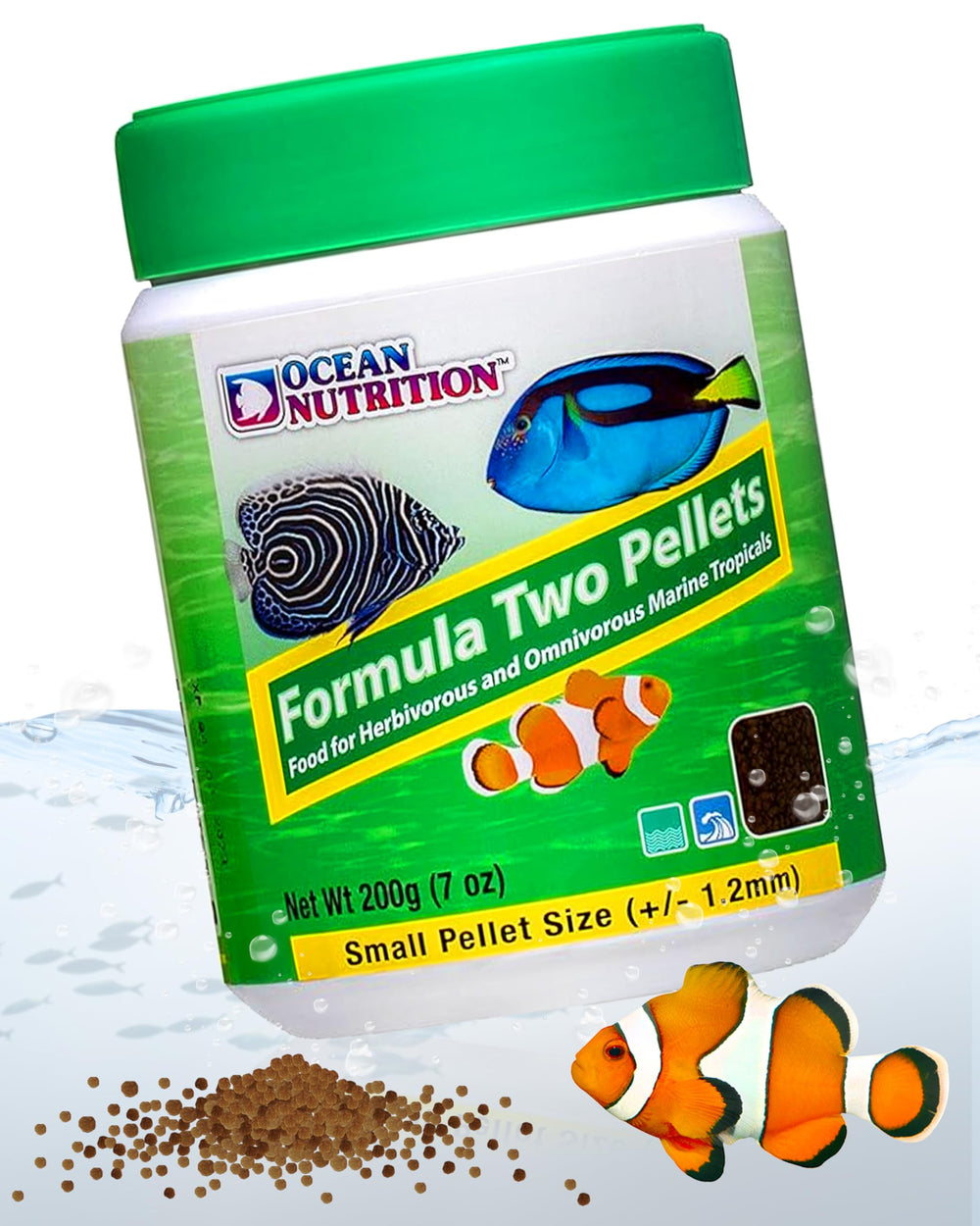 Ocean Nutrition Formule Deux - paillettes dans bouteille ouverte, dosage facile pour poissons tropicaux.