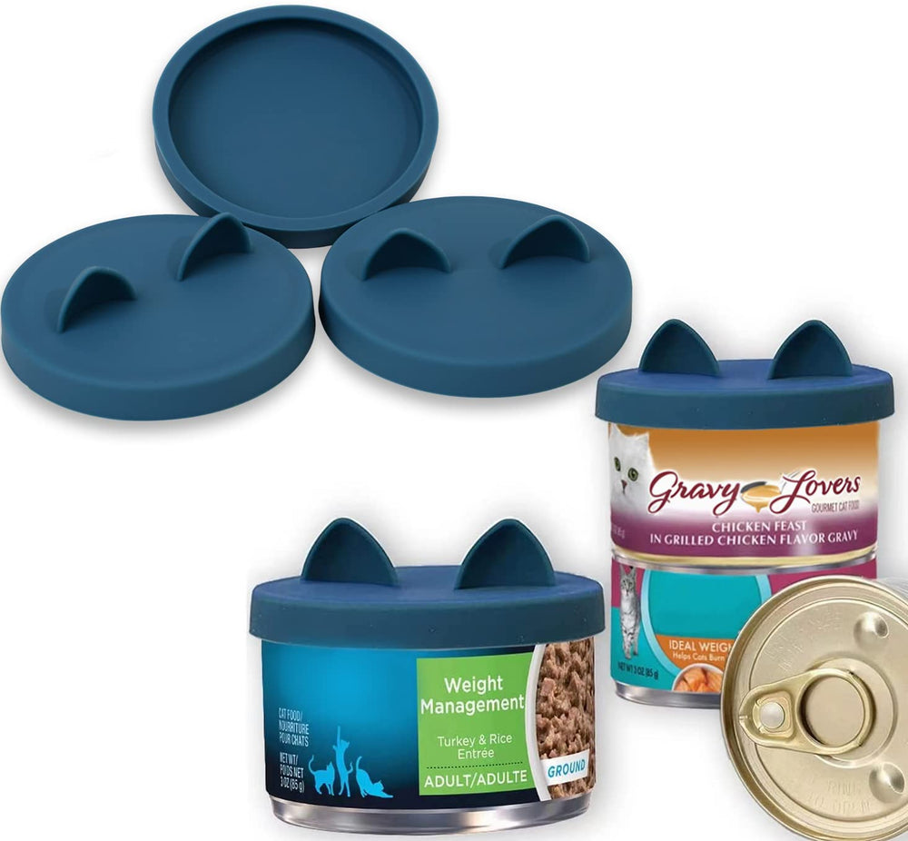 OHMO ensemble de couvercles bleu foncé pour petites conserves de chat, pratique et esthétique.