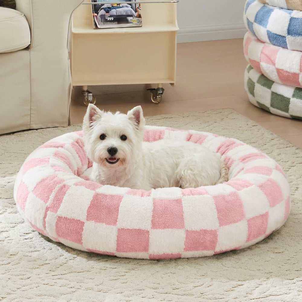 Lit Ohocut ronde à carreaux rose, confort chaleureux pour animaux.