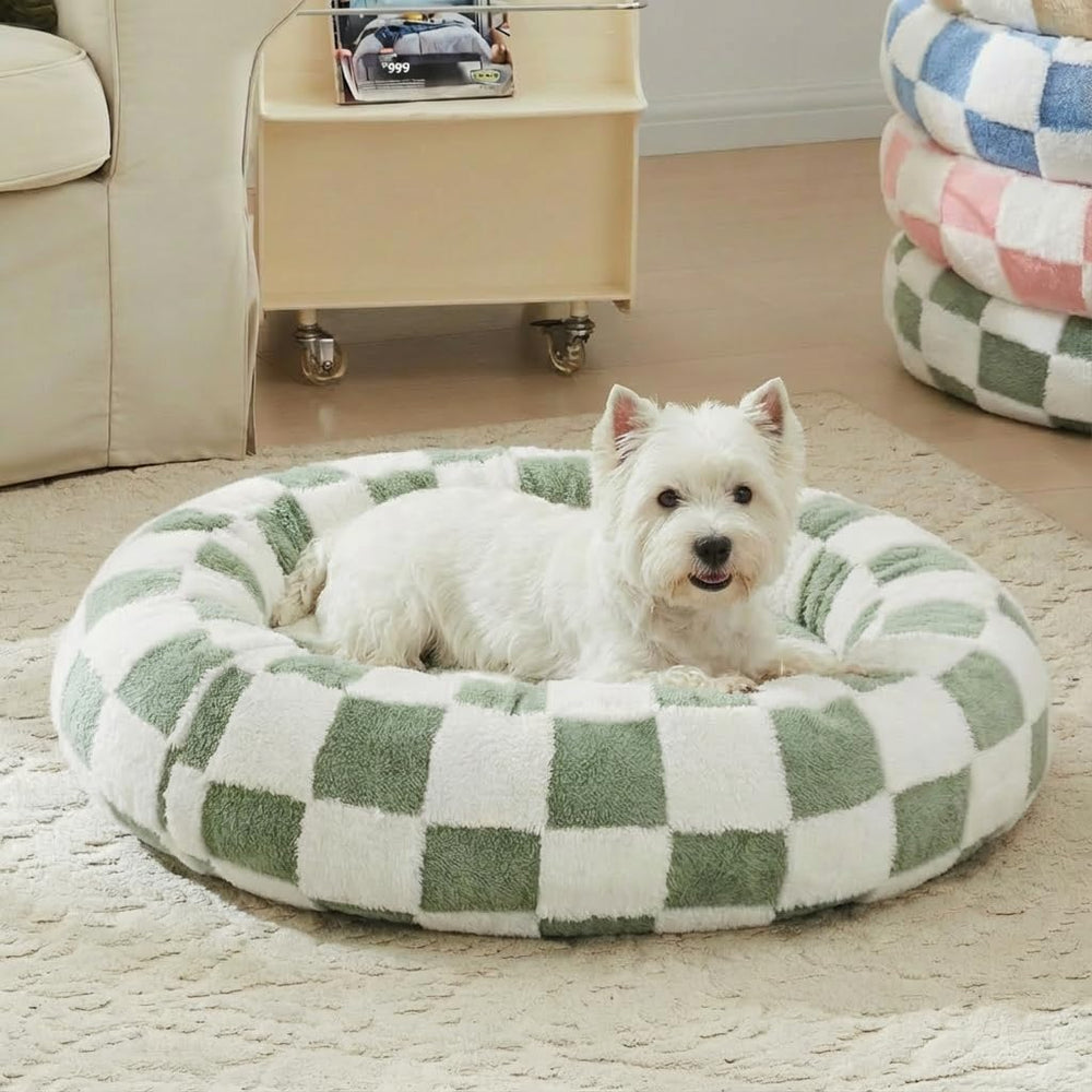 Ohocut lit chien rond à carreaux sage vert, confort chaleureux pour sieste