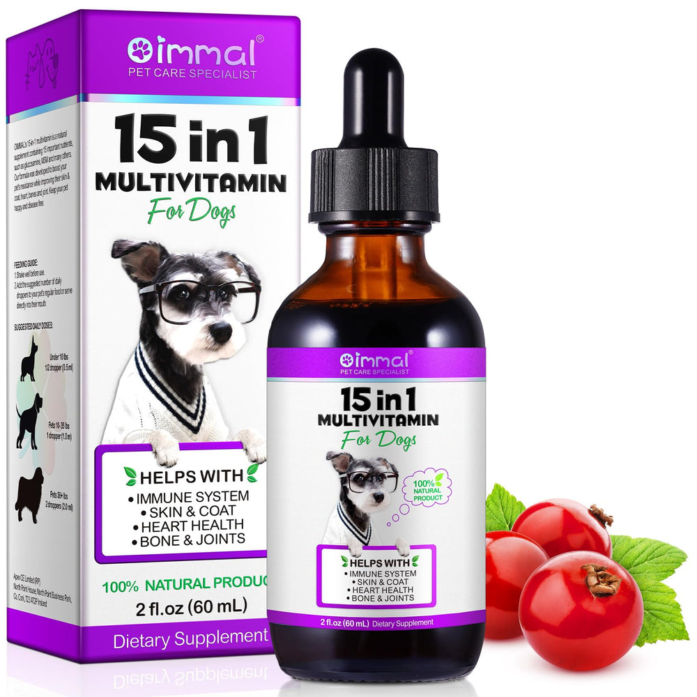 Oimmal 15 en 1 — bouteille multivitamine chien, soutien nutritionnel pratique.