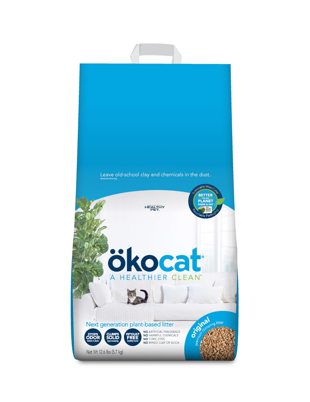 ÖKOCAT litière en bois dans un sac papier recyclable, pratique et écologique.