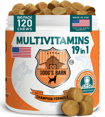 Old Dog's Barn Multivitamins, bouteille visible, soutien nutritionnel quotidien pour chien actif.