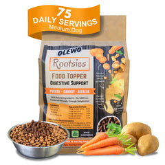 Olewo Rootsies dans son bocal, pellets faciles à ajouter au repas du chien.