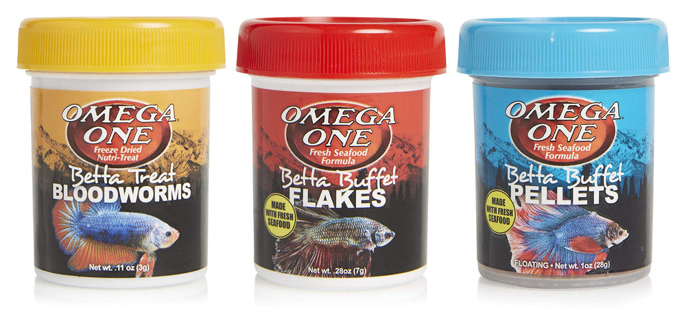 Omega One Betta Combo, emballage et conteneur pratique pour le stockage.