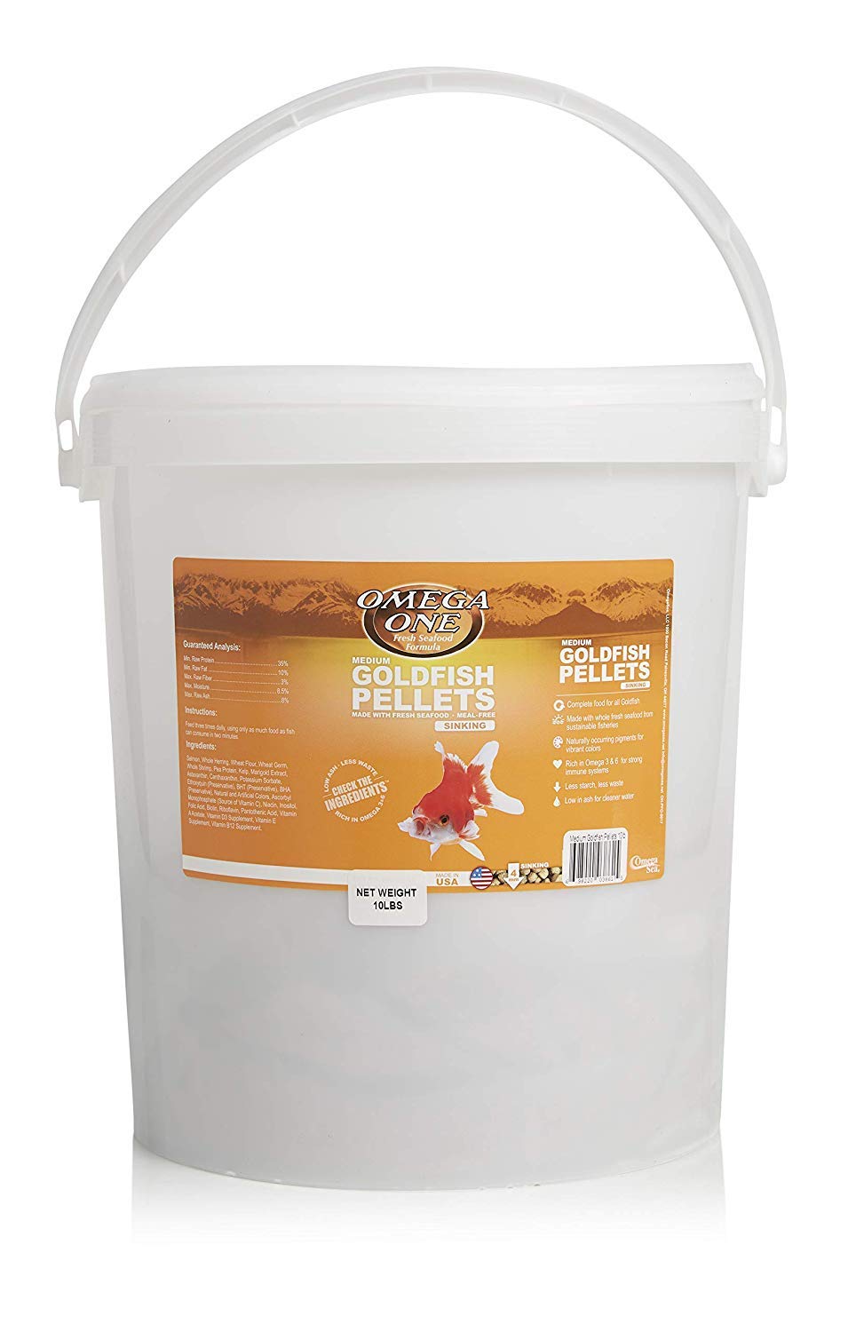 Omega One granulés coulants pour poisson rouge, emballage pratique pour dosage facile.