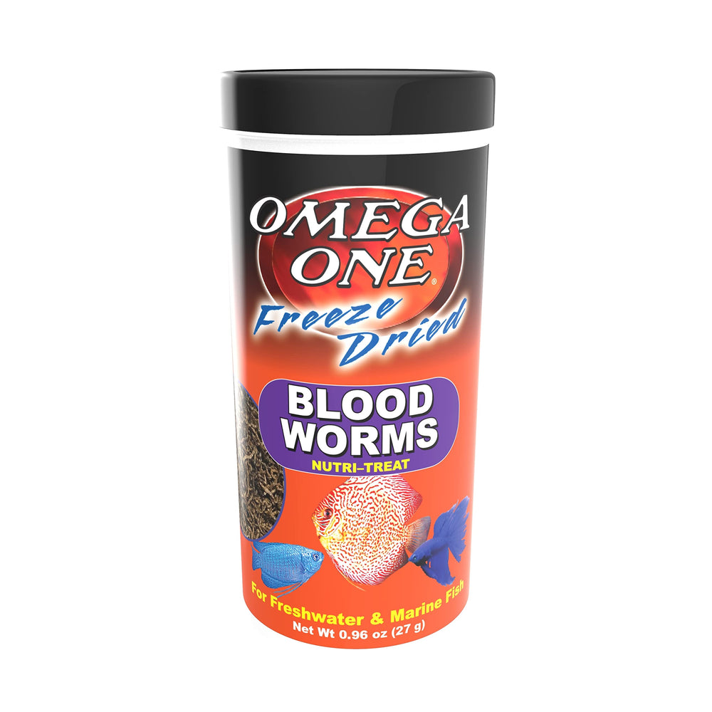 Omega One vers sanguins séchés en bocal, friandise protéinée adaptée à tous les poissons.
