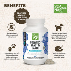 Only Natural Pet comprimés levure bière ail, usage quotidien pratique pour chiens et chats.