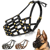 Museau en cuir noir OOPSDOGGY sur un chien, douceur et sécurité.