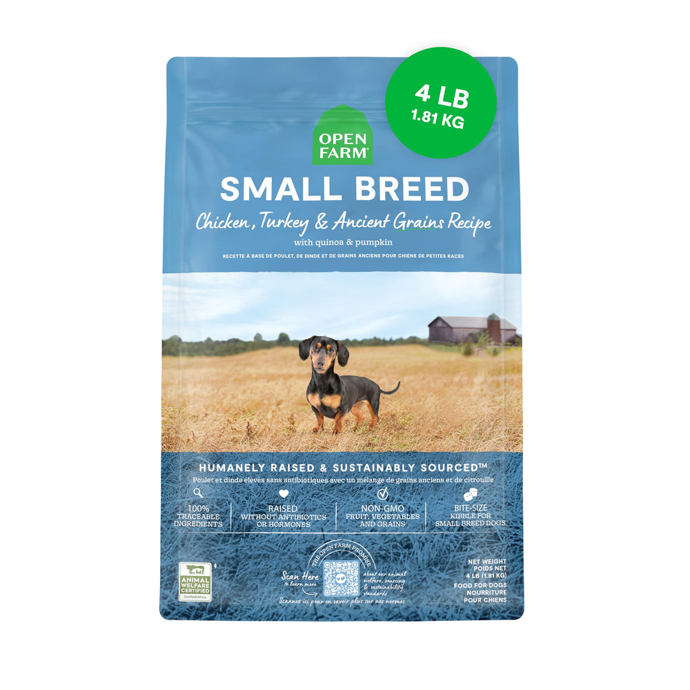 Open Farm croquettes chien petit, grains anciens, protéines élevées et digestibilité.