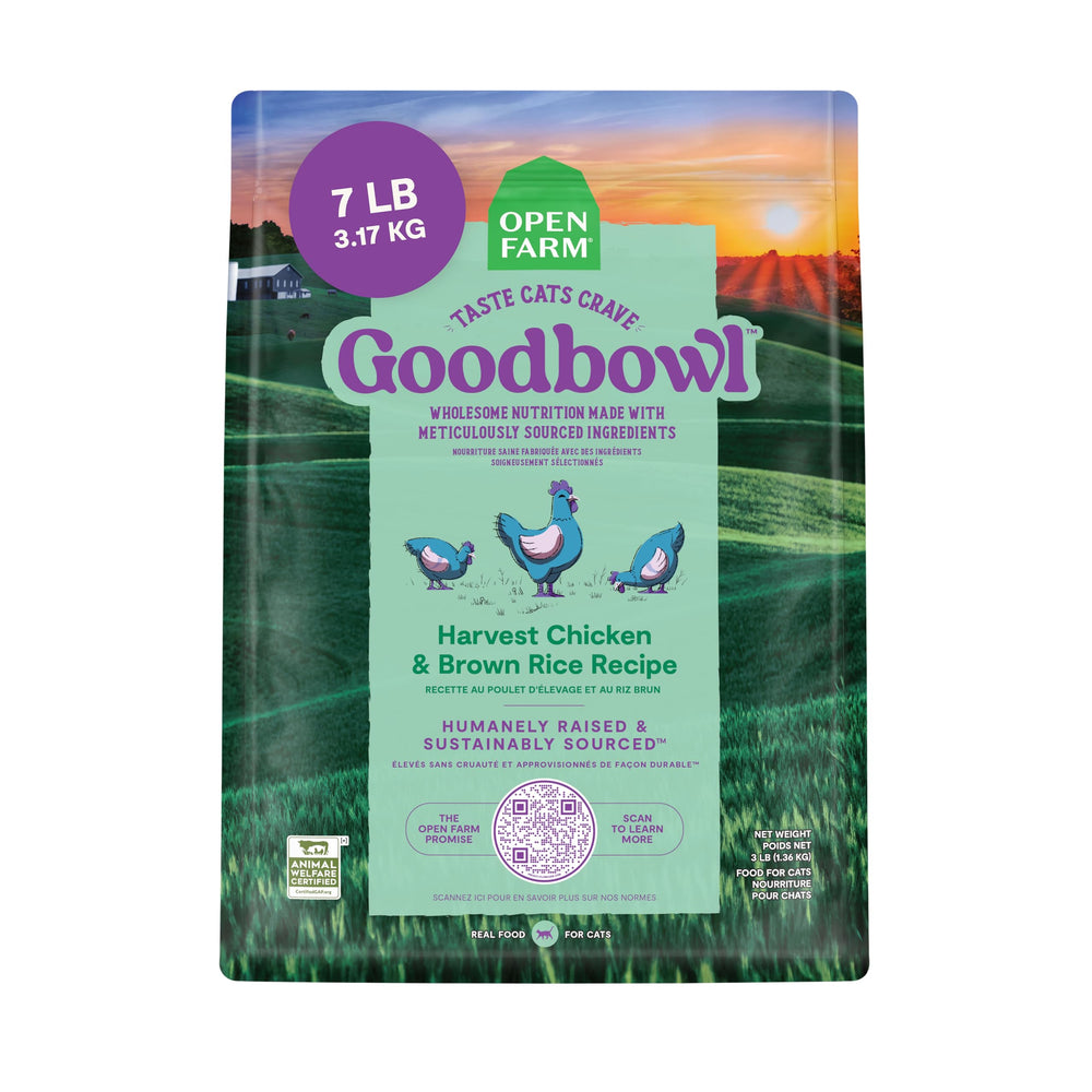 Open Farm Goodbowl poulet et riz brun en sac 7 lb, repas riche en protéines pour chats.