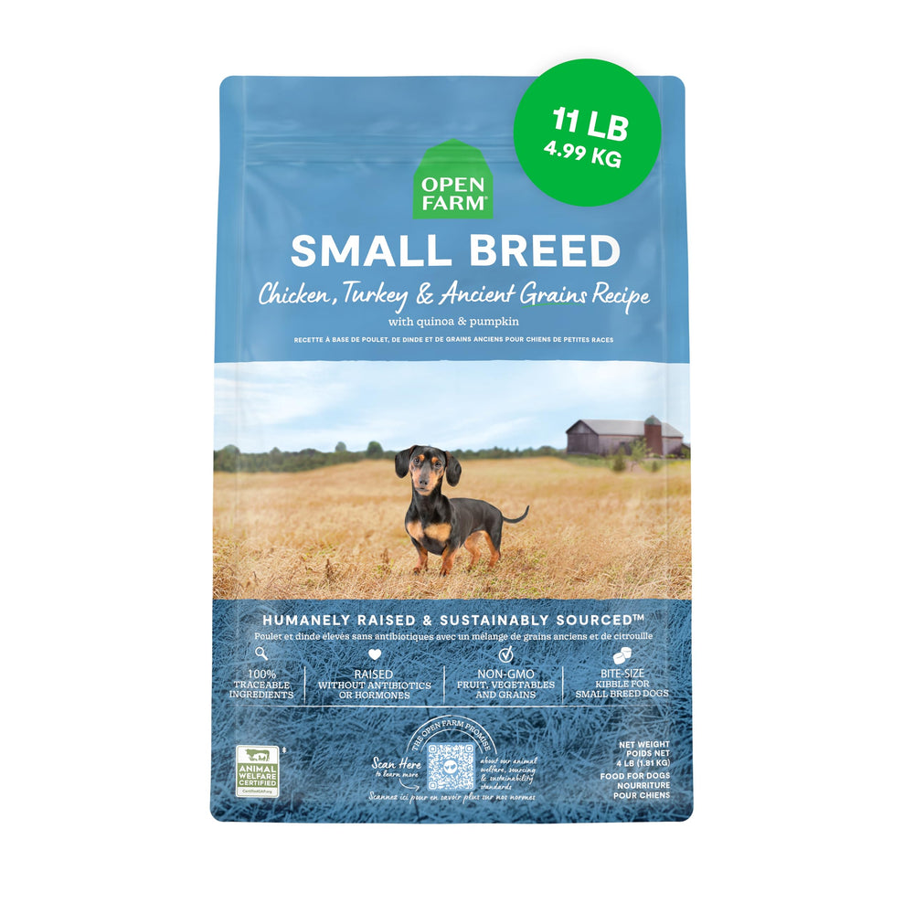 Open Farm croquettes pour petit chien avec grains anciens, nutrition naturelle et équilibrée.