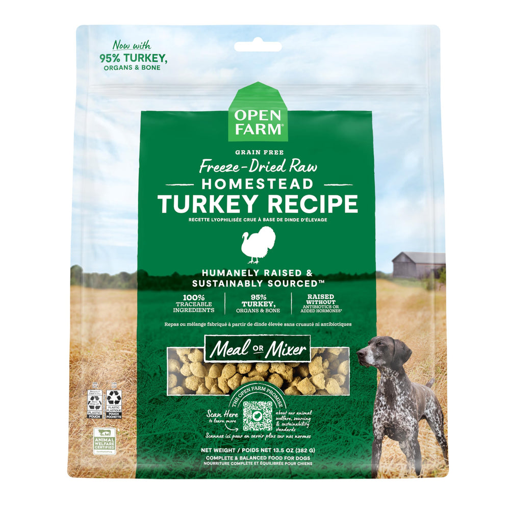 Open Farm Morceaux dinde lyophilisés – protéines élevées pour repas équilibré.