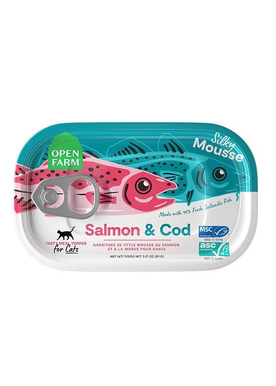 Open Farm mousse soyeuse pour chat, texture irrésistible et introduction variée des repas.