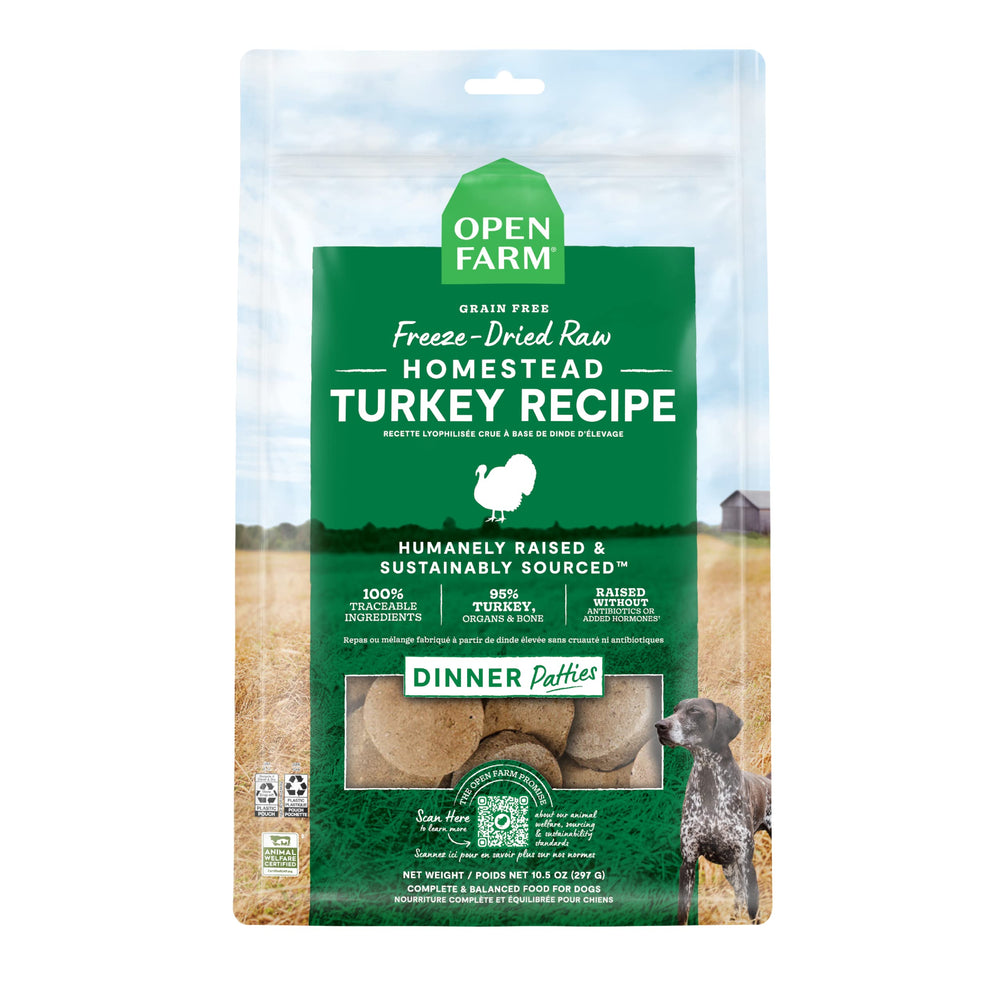 Open Farm patty dinde 95% viande, organes et os sur emballage pratique