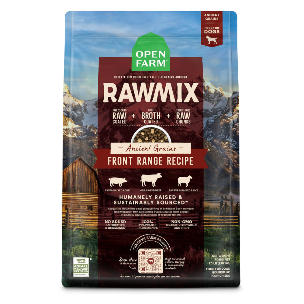 Open Farm RawMix-chien-seche-sac-20-lb montre l’emballage pratique pour repas équilibrés.