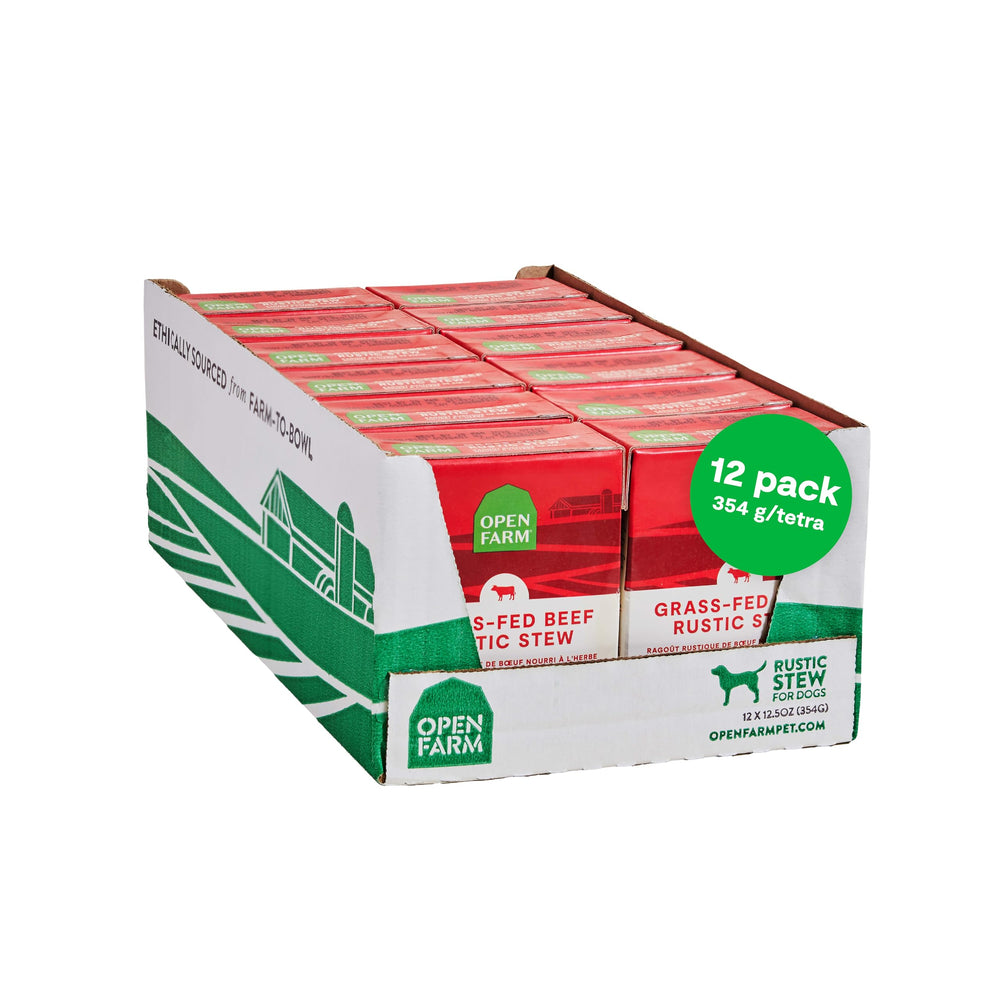 Open Farm Rustic Stews – morçeaux de bœuf dans le bouillon, texture irrésistible pour les repas.