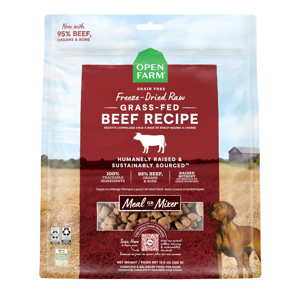 Open Farm sac d’aliments secs au bœuf 95% pour chien, pratique et savoureux.