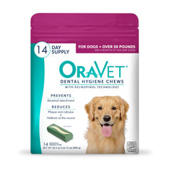 OraVet friandises dentaires pour gros chien, poche rose, soin quotidien.