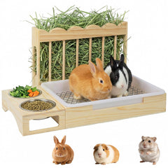 Orekemo mangeoire 3-en-1 en bois naturel pour petits animaux, pratique et compact.