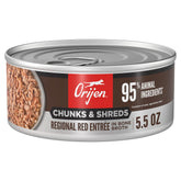 ORIJEN Morceaux et copeaux, entrée chat boeuf-ton, texture appétissante.