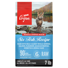 ORIJEN Six Fish: premiers ingrédients crus pour une protéine élevée.