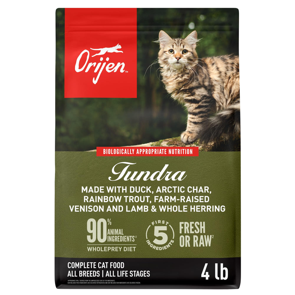 ORIJEN TUNDRA croquettes sans céréales 4 lb, riches en protéines pour chats actifs.