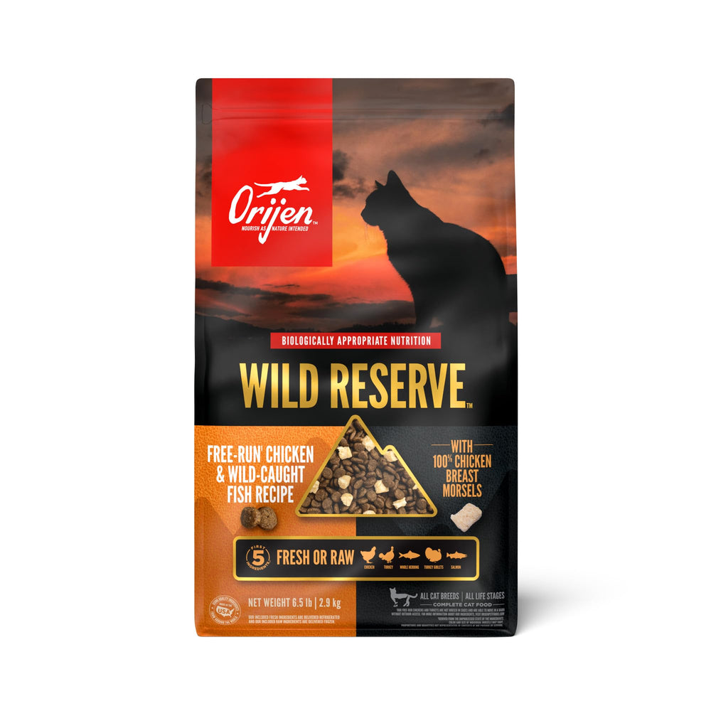 ORIJEN Wild Reserve, morceaux de poulet frais, protéines élevées et naturelles.