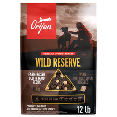 ORIJEN Wild Reserve sac-seche-boeuf-agneau-12lb: protéines élevées pour chiens actifs.