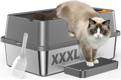Litière inox OROLEY avec hauts bords, limite les éclaboussures et protège le sol.