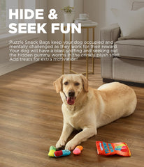 Le chien détecte les vers gélifiés dans le sac en peluche Outward Hound.
