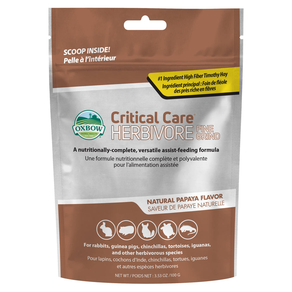 Oxbow Critical Care Herbivore emballage 100 g, soutien nutritionnel d’urgence pour petits herbivores.