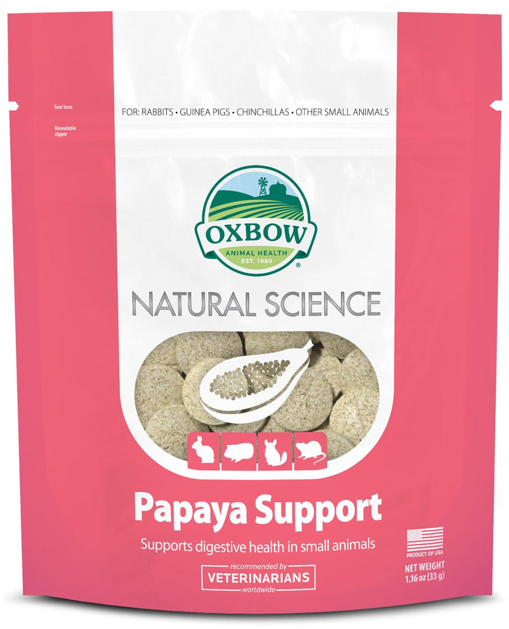 Oxbow Papaya Support — comprimé à mâcher, soutient une digestion douce.
