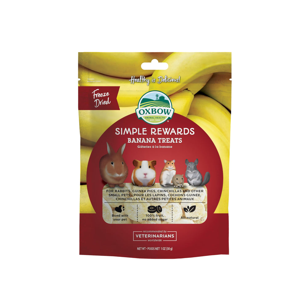 Oxbow Simple Rewards banane emballage: friandises naturelles prêtes pour récompenser et enrichir l'alimentation des petits animaux.