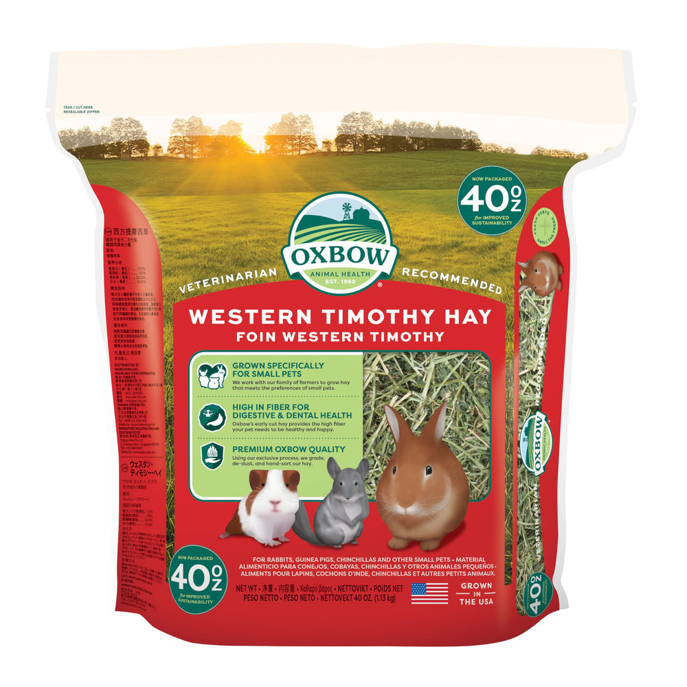 Oxbow Timothy Hay emballage 40oz, fraîcheur préservée pour petits animaux.