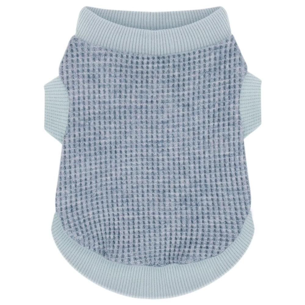 Pull bleu Paiaite pour petits chiens, vue avant, doux et confortable pour sorties fraîches.