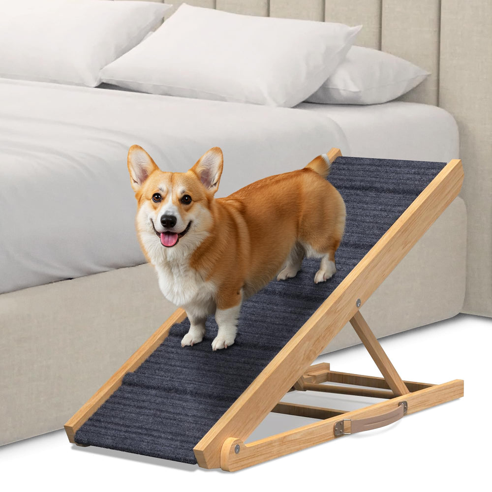 Rampe Pathosio Pets en bois naturel avec tapis gris pour lit.